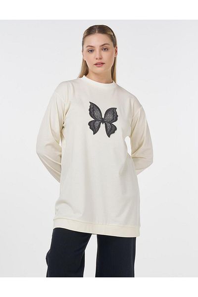 Kayra Butterfly Embroidered Sweatshirt Ecru