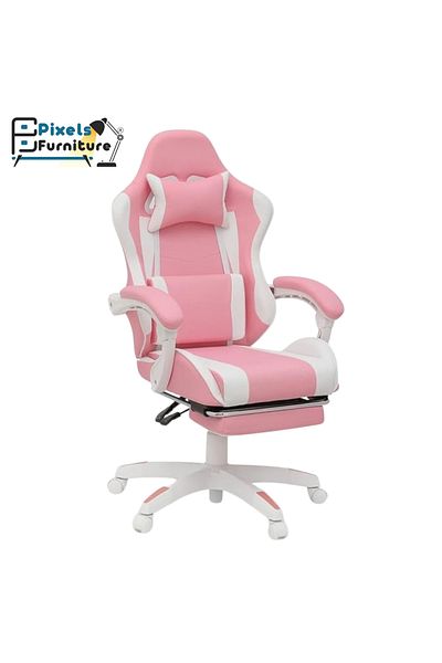 PixelsFurniture كرسي العاب جلد من بكسل الأثاث مع مسند للقدمين مكتب عالي الظهر بنمط سباق مع دعامة رأس وأسفل الظهر