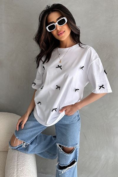 EYLANA Women's Oversized Crew Neck Ribbon Detail Cotton T-Shirt