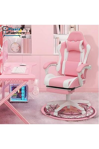 PixelsFurniture كرسي العاب جلد من بكسل الأثاث مع مسند للقدمين مكتب عالي الظهر بنمط سباق مع دعامة رأس وأسفل الظهر
