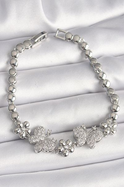 NEZADE STORE Brass Silver Color Zircon Stone Butterfly Figure Flower Chain Model Women's Bracelet - Lisinya