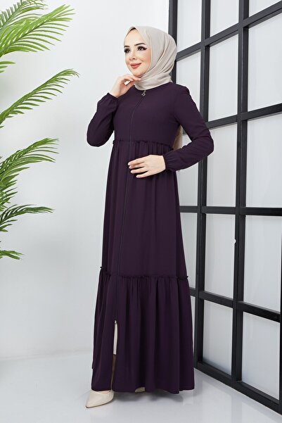 hafsamina Büzgü Detaylı Mürdüm Ferace