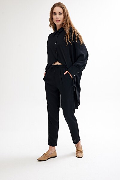 QANU Black Crepe Trousers - Pleated Front Design