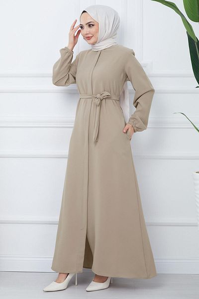hafsamina Hidden Placket Belted Ferace Beige HM2361