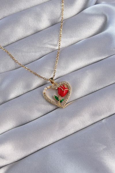 AfraBeauty 316L Stainless Steel Gold Color Heart Red Rose Zircon Stone Women's Necklace