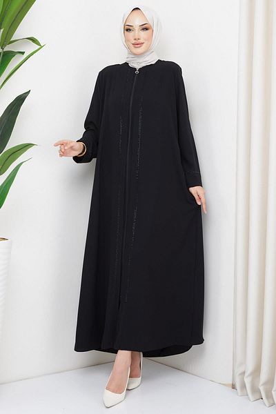 hafsamina Mina Large Size Stoned Abaya Black HM2308