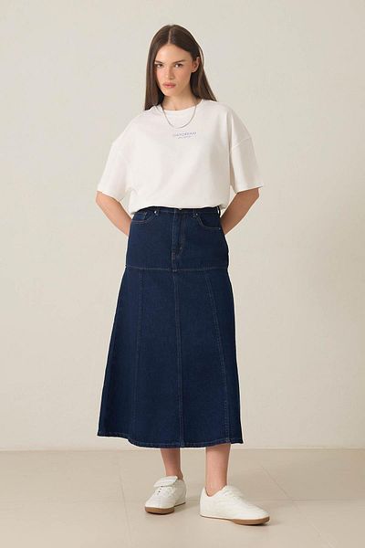 Setre Navy Blue Midi Denim Skirt with Chain Belt and Stitching Detail