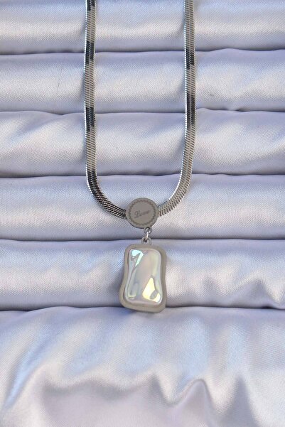 Epilons 316L Steel Silver Color Italian Chain Scrunch Stone Necklace