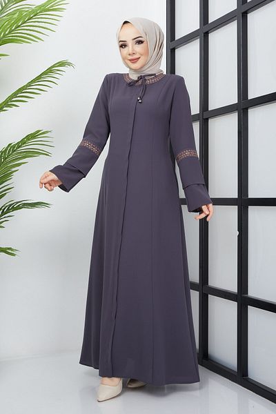 hafsamina Large Size Anthracite Abaya with Embroidery Detail