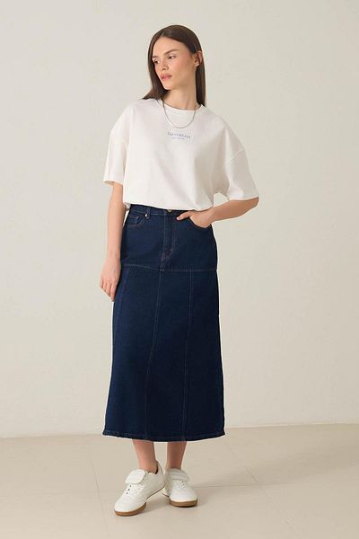 Setre Navy Blue Midi Denim Skirt with Chain Belt and Stitching Detail