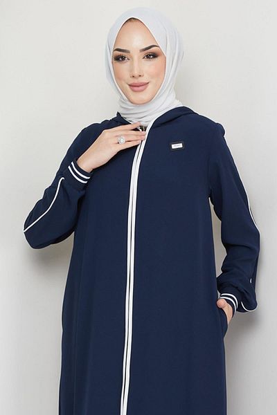 hafsamina Navy Blue Ferace - Με ρίγες και λεπτομέρεια σωλήνων