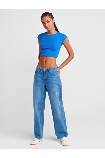 Dilvin 30528 Cotton and Modal Blended Crop Top-Sax