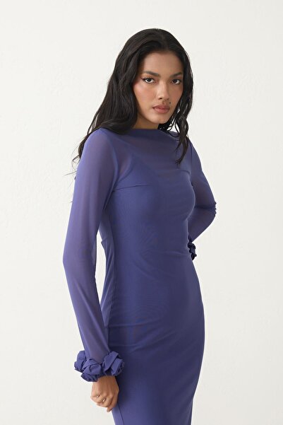 Setre Violet Slim Fit Transparent Midi Dress with Sleeve Detail
