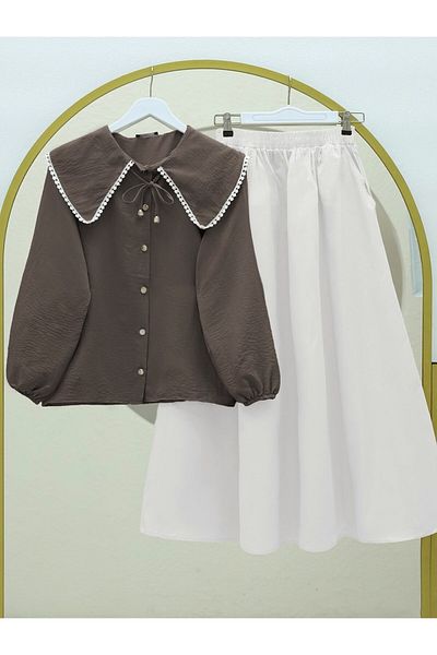 Modamorfo Baby Collar Lace Shirt with Elastic Sleeves - Brown