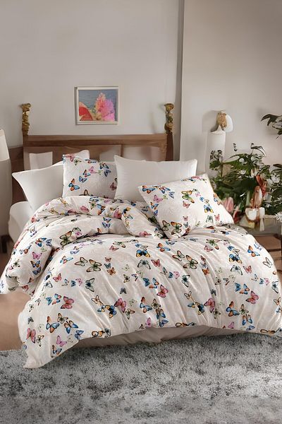 GARDEN ROOM Set cuvertură de pilota unică cu cearșafuri elastice Butterfly Beige