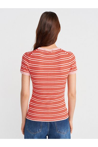 Dilvin 10754 Crew Neck Buttoned Striped Knitwear Blouse-Red-E.