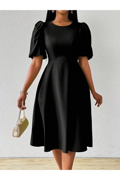 nedo7 Women's Short Balloon Sleeve Crew Neck Kiloş Janjan Crepe Dress