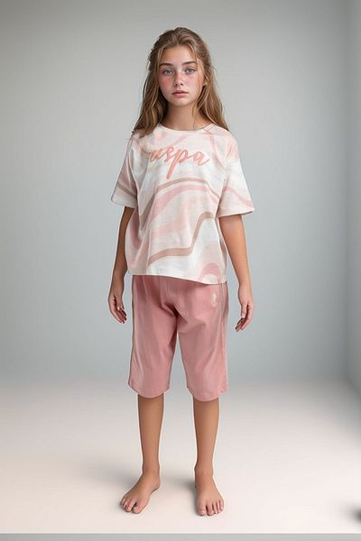 U.S. Polo Assn. Girl's 100% Cotton Crew Neck T-Shirt Capri Suit