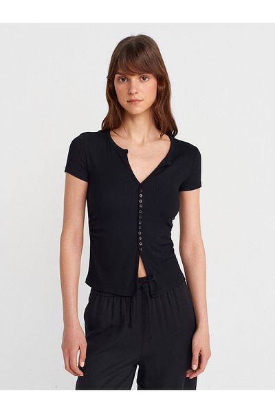 Dilvin 31838 Button Short Sleeve Top-Black