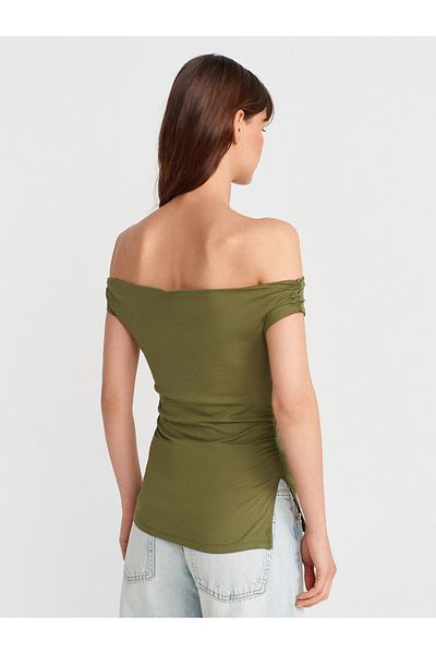 Dilvin 31865 Ανοιχτό ώμο Shirred Top-Light Khaki