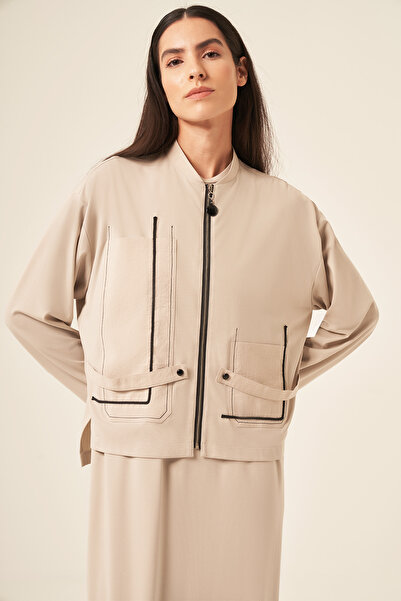 Ceremony Macrame Rope Detailed Bomber Dress Suit 5976 Stone