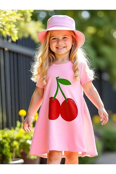 vinraus Girl's Pink Cherry Printed T-Shirt Dress