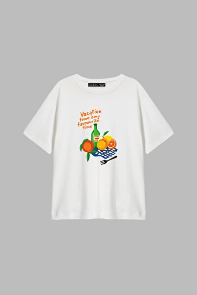 Bak Moda Tricou alb pentru femei, cu imprimeu cu fructe