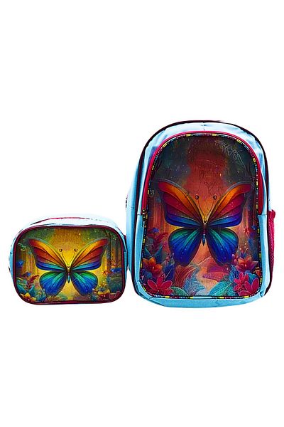 Gen-Of 2 Compartment Butterfly School Backpack and Lunch Box Turquoise Code:1308