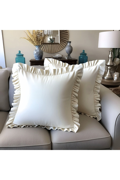 Bc Home 2'li Krem Country Fırfırlı Kare Kırlent Kılıfı Yumuşak Dokulu Vintage,iskandinav,bohem,yılbaşı