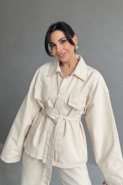 Seda Yalçın Atelier Cream Tie Waist Denim Jacket Pants Set