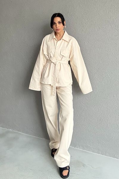 Seda Yalçın Atelier Cream Tie Waist Denim Jacket Pants Set