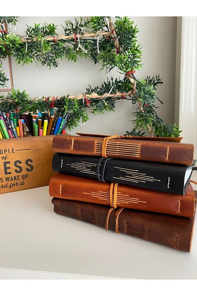 ALESTA LEATHER (Writing Name) Leather Covered Hand Sewing Notebook - Handmade Genuine Leather