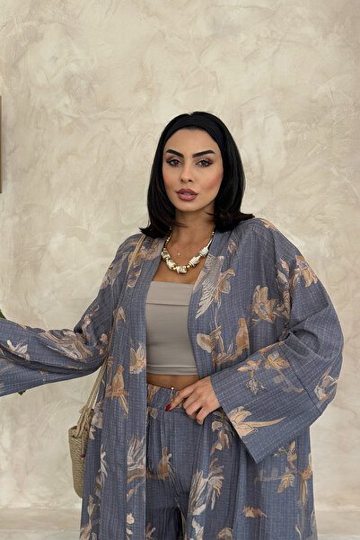 Ortaya Çık Gray Floral Long Bottom Top Kimono Set