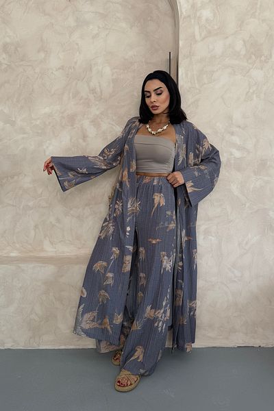 Ortaya Çık Gray Floral Long Bottom Top Kimono Set