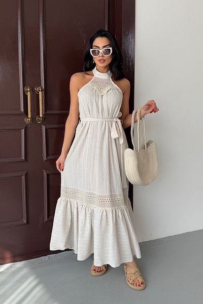 Ortaya Çık Stone Halter Neck Guipure Detailed Dress