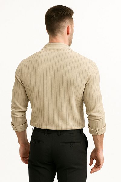 Altamira Men's Beige Striped Zr Crepe Long Sleeve Shirt