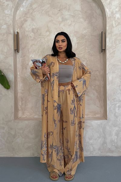 Ortaya Çık Camel Floral Long Bottom Top Kimono Set