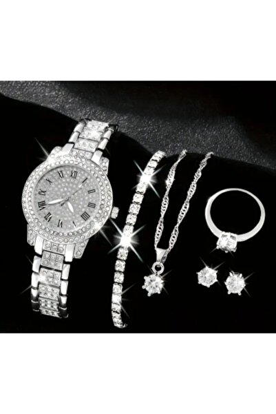 stainless steell VİP lüks gümüş renk kuvars saat 6 parça set
