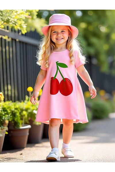 vinraus Girl's Pink Cherry Printed T-Shirt Dress