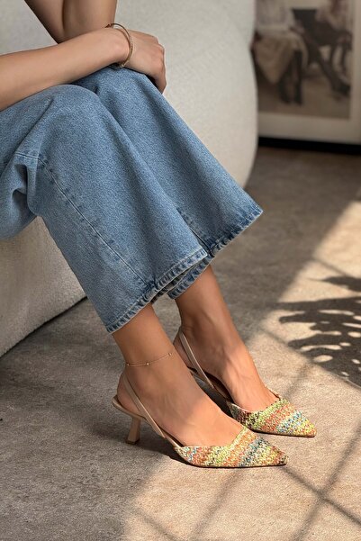 NİŞANTAŞI SHOES Ponnie Renkli Hasır Sivri Burun Kadın Topuklu Ayakkabı