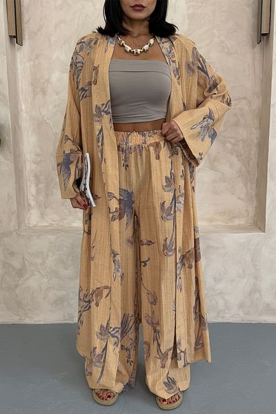 Ortaya Çık Camel Floral Long Bottom Top Kimono Set