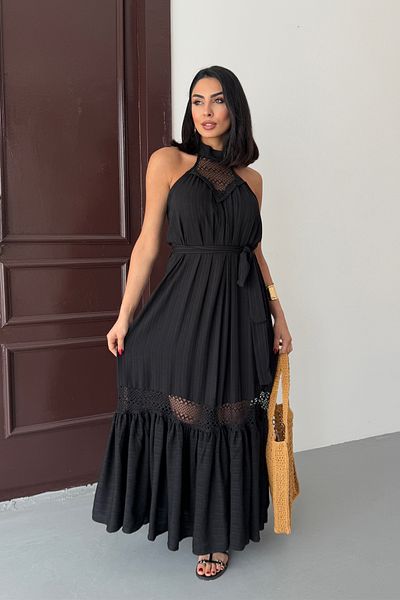 Ortaya Çık Black Halter Neck Guipure Detailed Dress