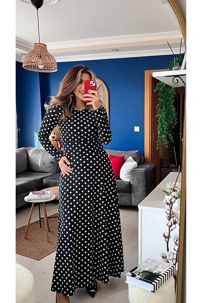 nedo7 Women's Crepe Fabric Long Sleeve Full Length Polka Dot Dress 132 Cm