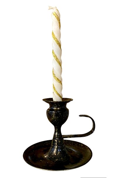 LüksAksesuar Siyah Mumluk Siyah Üzeri Yaldiz Nokta Nostalji Pirinç Şamdan Kulplu Şinanay Mumluk