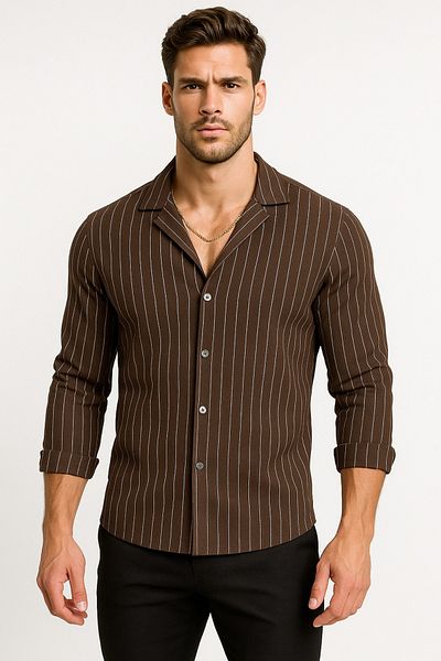 Altamira Men's Brown Striped Zr Crepe Long Sleeve Shirt