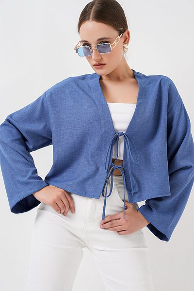 Bigdart Δεμένο μπροστινό λινό κιμονό 960 - Indigo