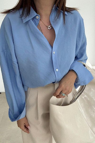 ELVAN TOLON Blue Cuff Sleeve Tril Shirt