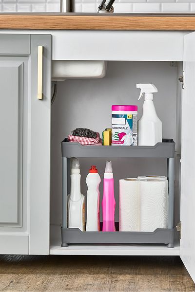 Bayev Clasy Grey 2 επιπέδων Organizer κάτω από νεροχύτη Μονάδα ραφιών Organizer κουζίνας μπάνιου με ρόδες