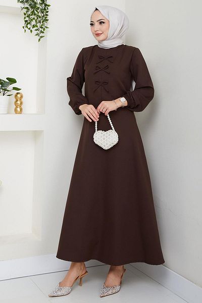 hafsamina Double Suit with Bow Front and Skirt Brown Hm2705