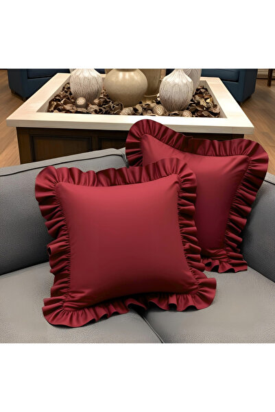 Bc Home 2-Piece Claret Red Country Frilly Square Throw Pillow Cover Soft Text...